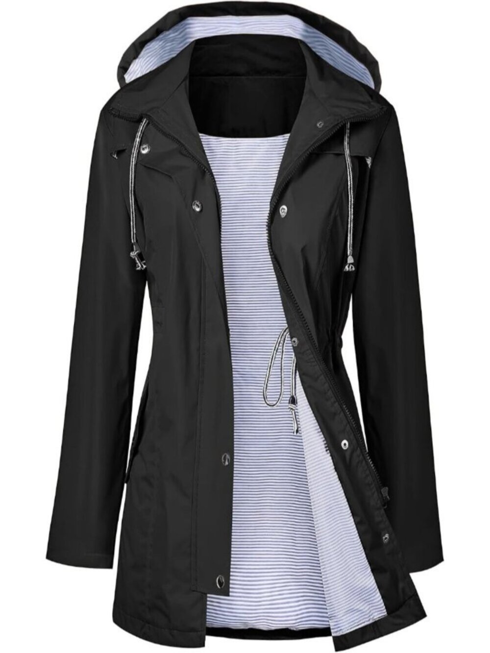 Women Black Hooded Waterproof Adjustable Drawstring Windbreaker Trench Rain Coat